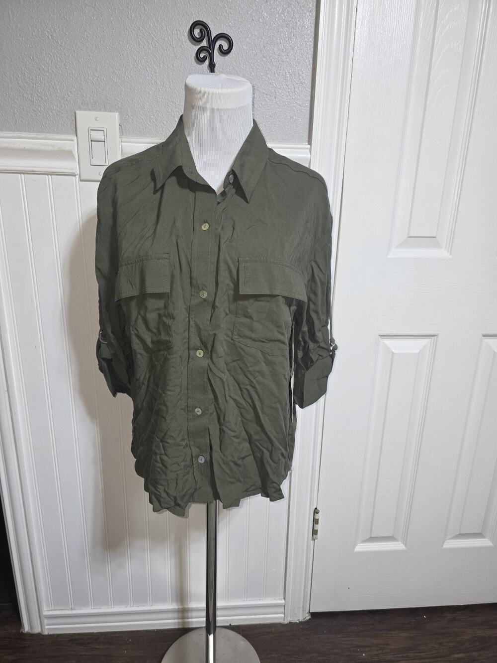 NWT A New Day Green And Black Long Sleeve Button Down Womens Size XL